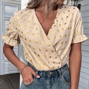 SHEIN Golden Dot Print Flounce Sleeve Overlap Collar Bodysuit